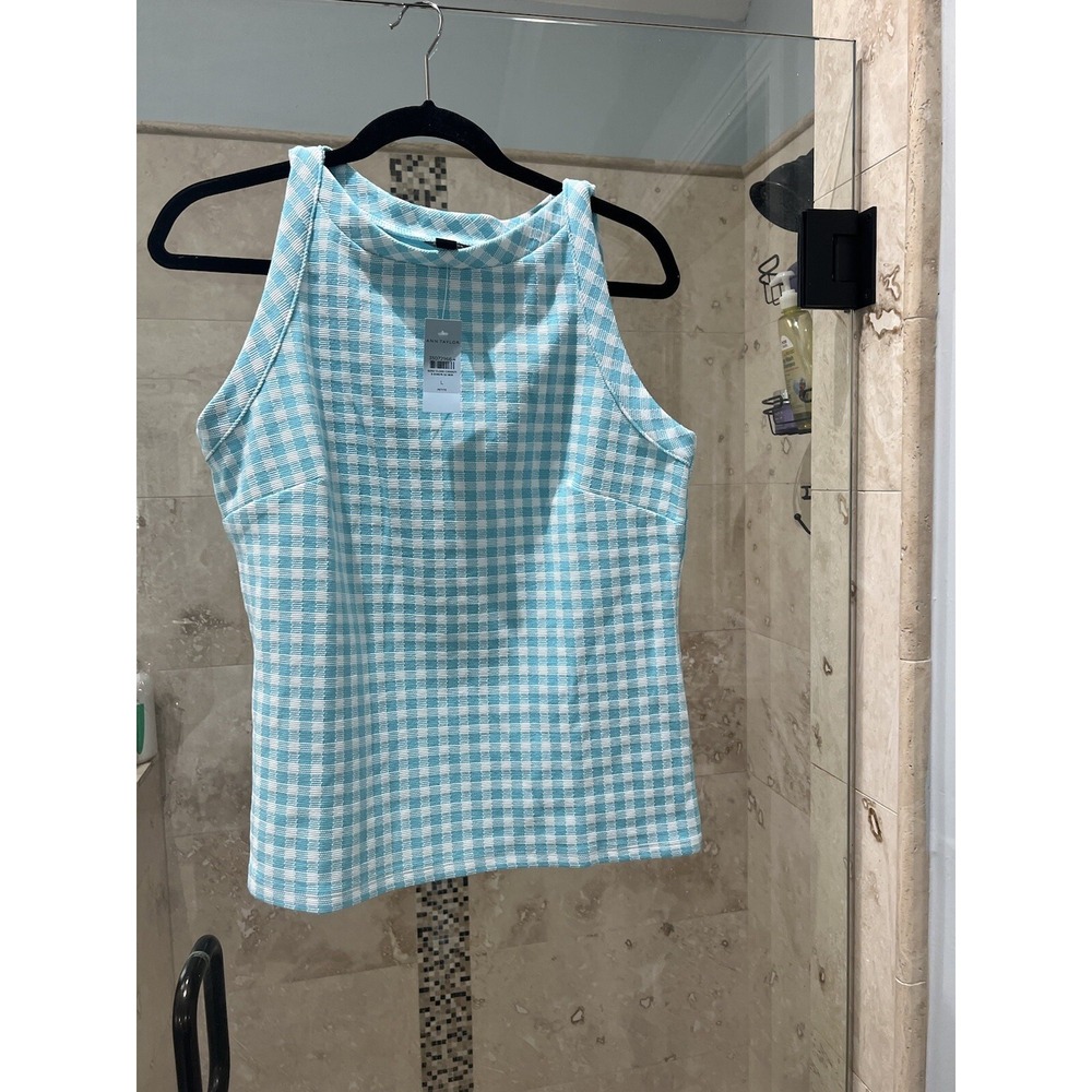 Ann Taylor Picnic Plaid Sleeveless Blouse Blue White High Neck Tank LP NWT